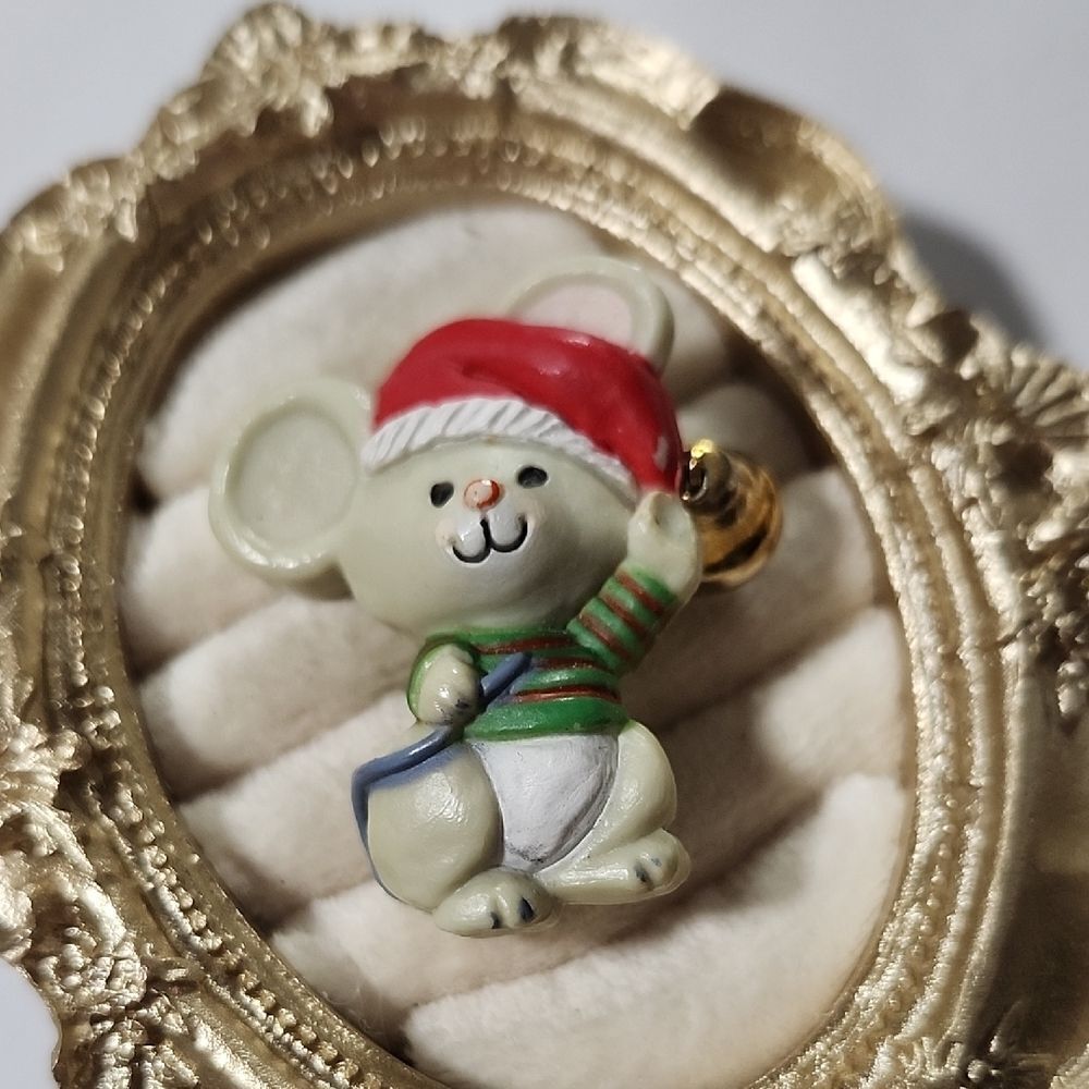 Festive Mouse Brooch with Santa Hat Vintage Hallmark